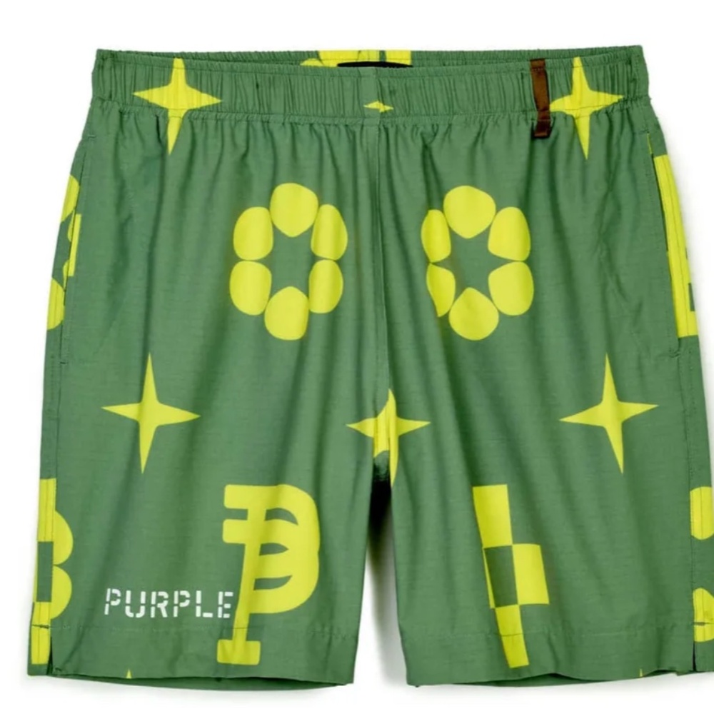 PURPLE Brand Louis Vuitton style monogram swim trunks GREEN color NWT!